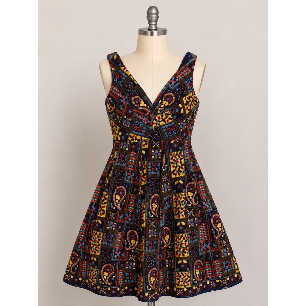 Eva Franco Womens Embroidered Patchwork Paisley V-Neck Midi Dress Boho Flare 12